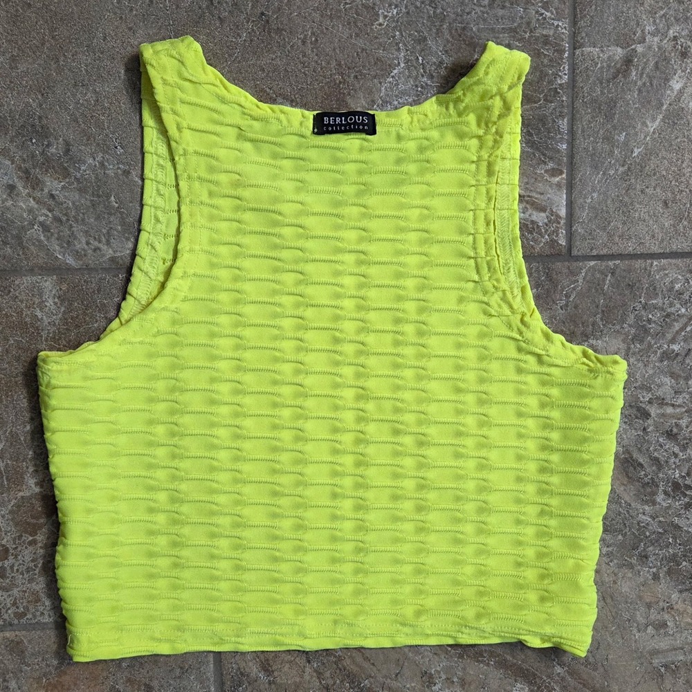 Berlous Collection Neon Yellow Honeycomb Textured Crop Top Sleeveless Tank XS